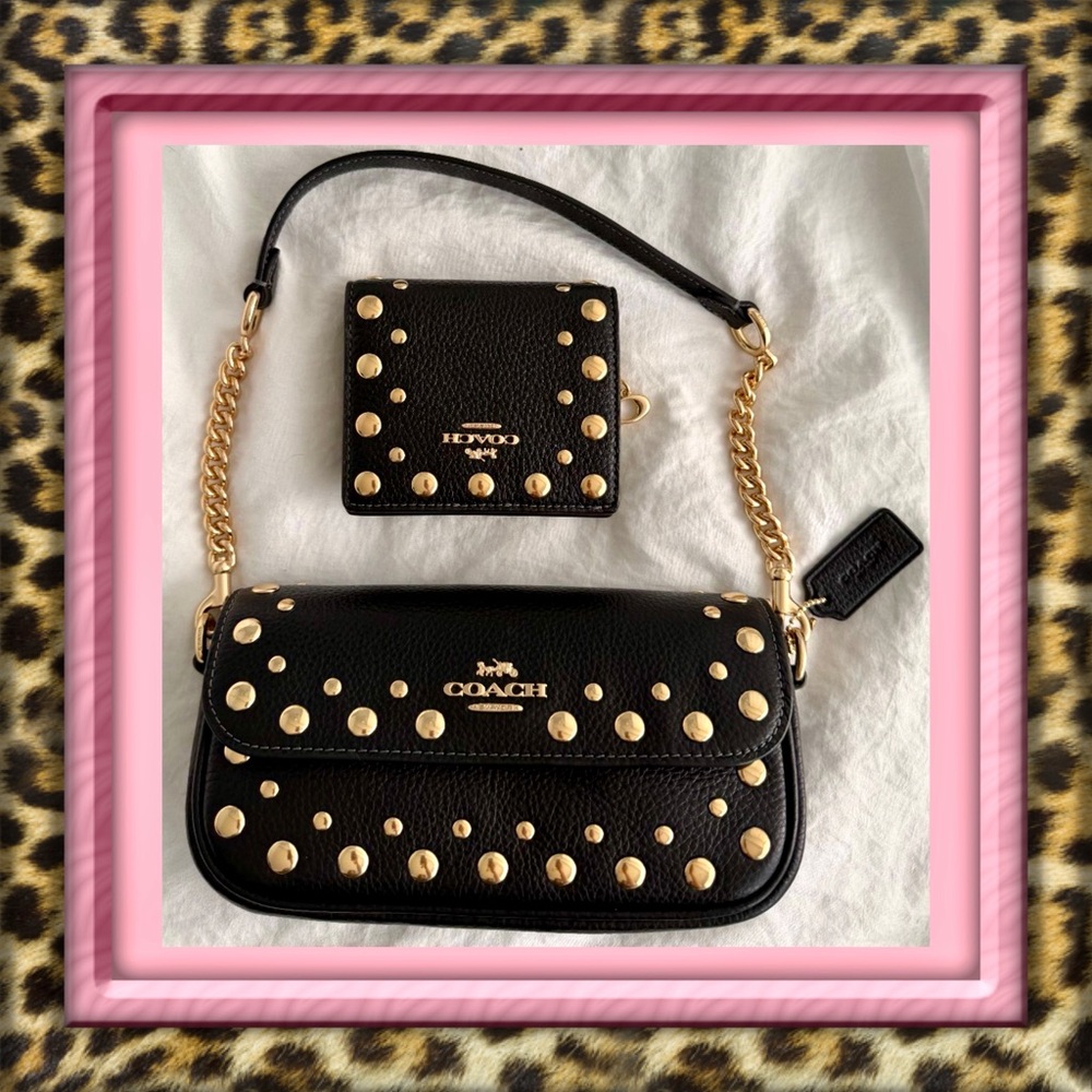 👑✅PRICE FIRM✅COACH Black Pebbled Leather & Gold Studded Bag Wallet Set. NWOT